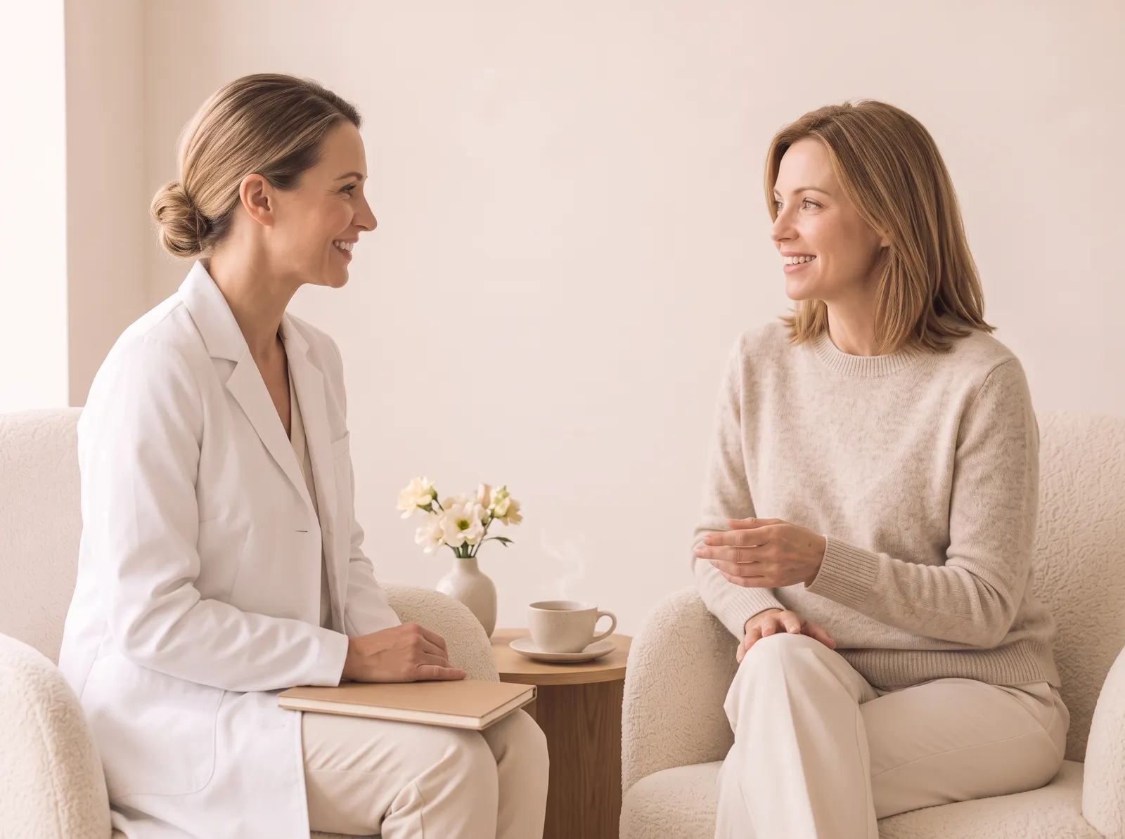 A provider and a patient talking in the Vero Beach Medical Spa lounge