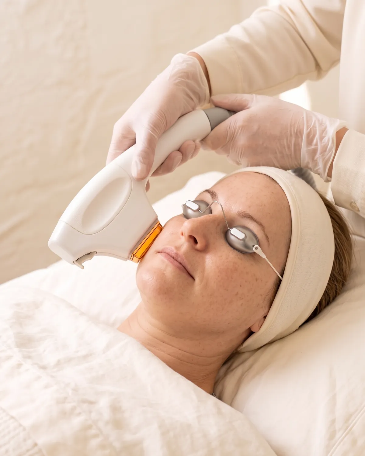 BBL photofacial for sun spots: light handpiece on a freckled patient's cheek