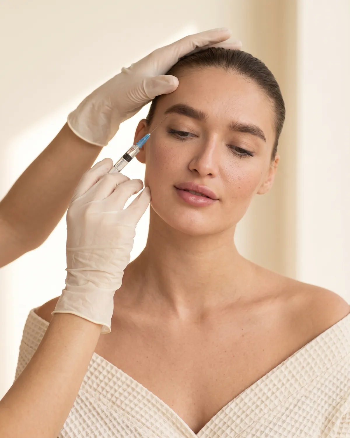 Gloved injector placing Botox in a woman's forehead to soften frown lines