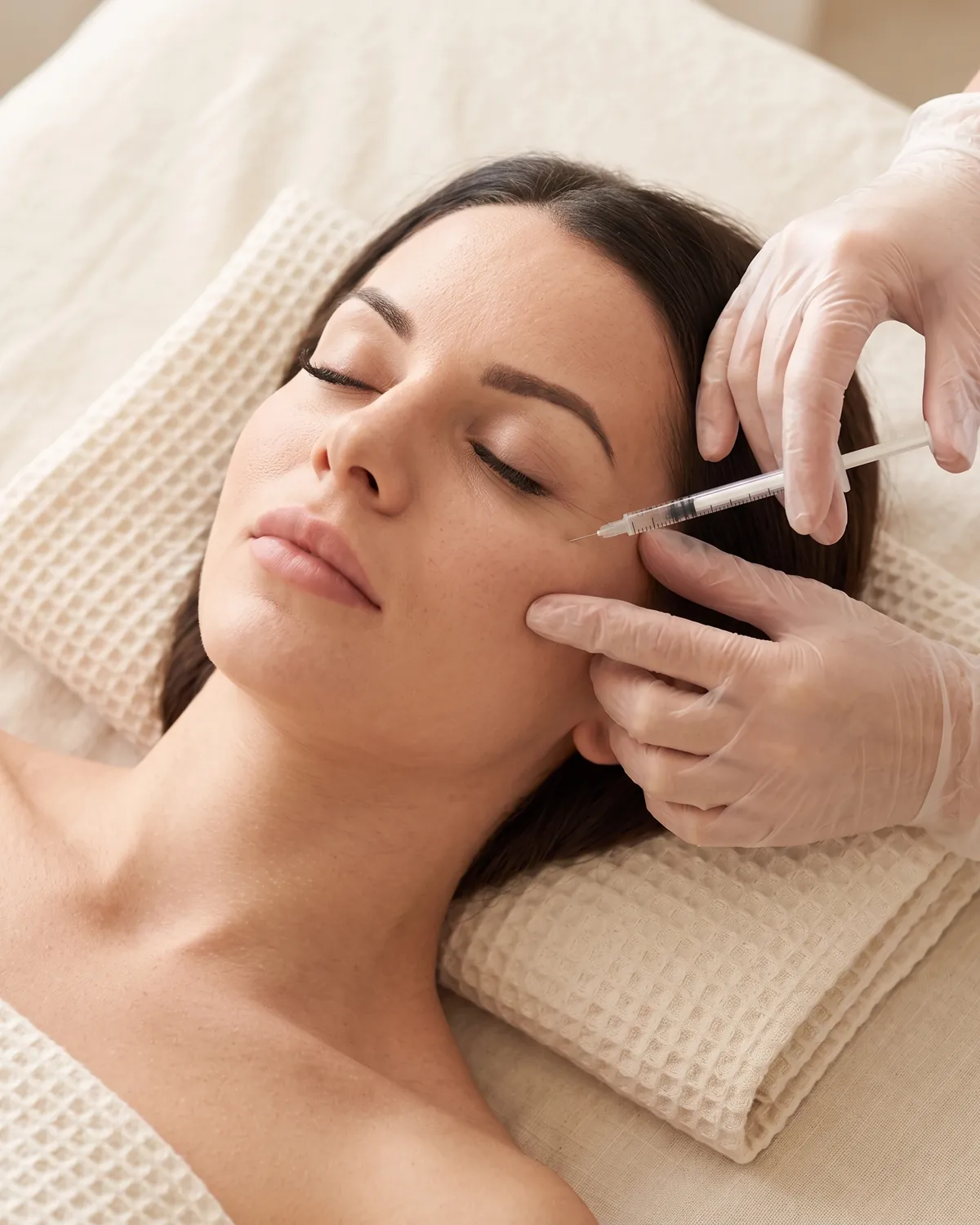 Injector giving Botox near a relaxed woman's crow's feet in Vero Beach