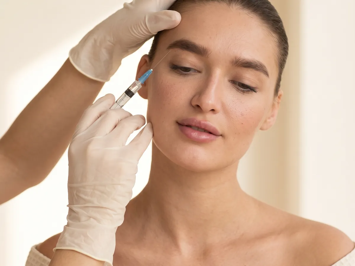 Close-up of a Botox injection at the side of the forehead