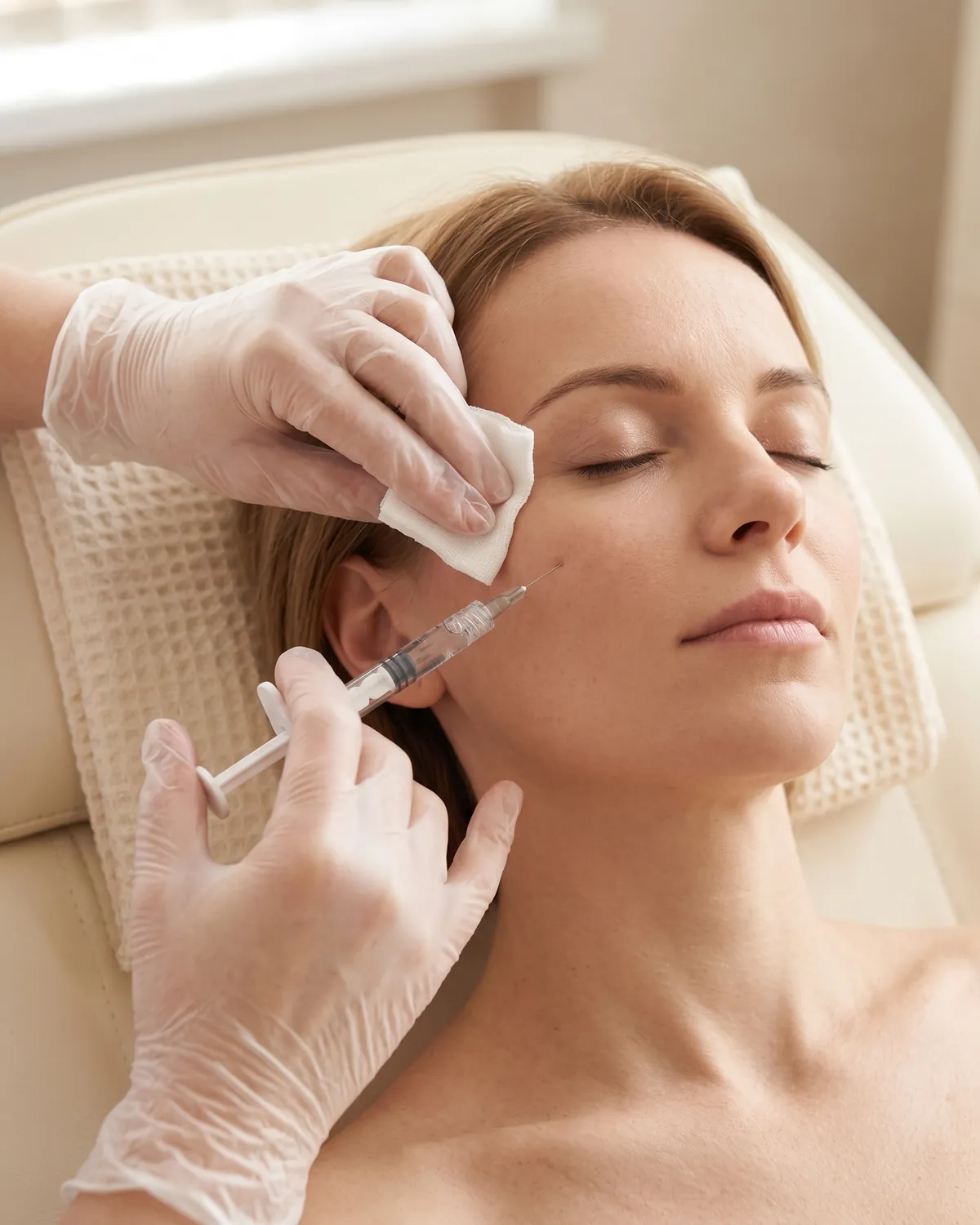 Dermal filler injection in the cheek of a woman lying back with eyes closed, Vero Beach
