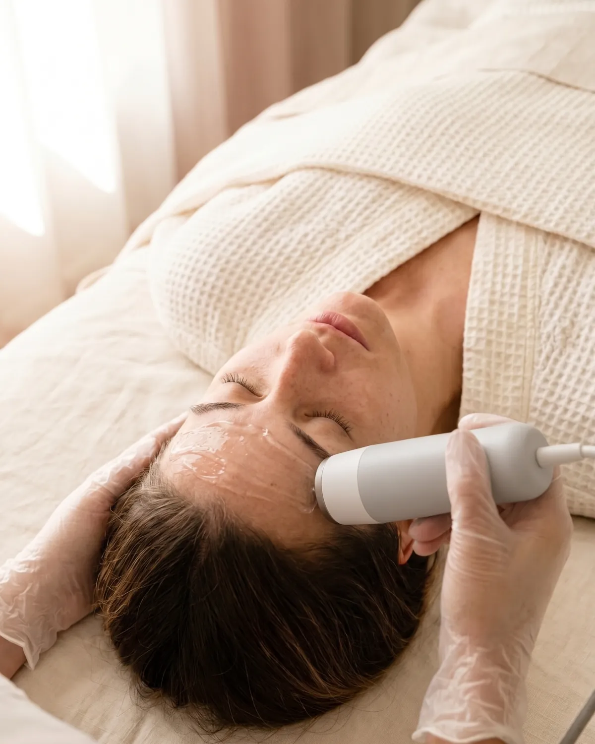 EXION Face handpiece gliding over a woman's forehead in Vero Beach