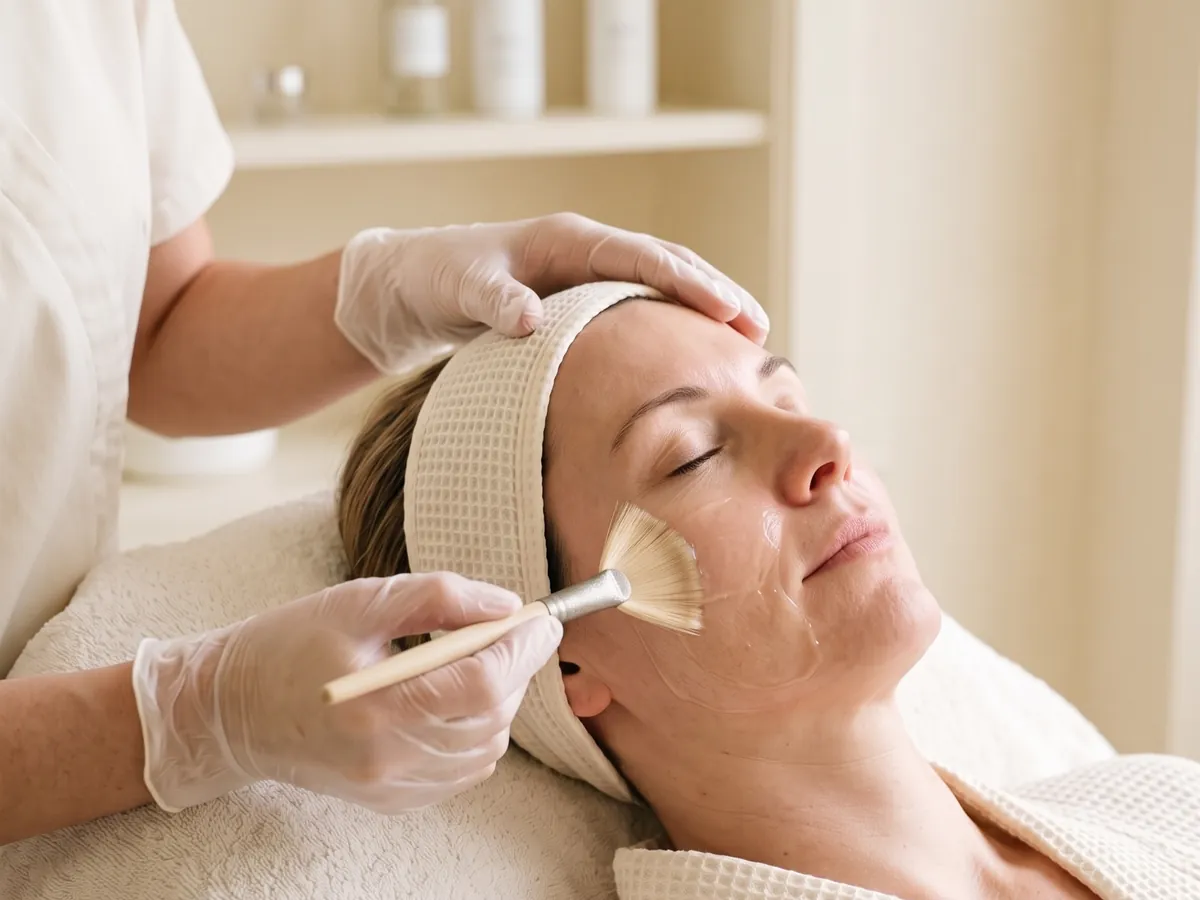 Fan brush applying a chemical peel to a client's cheek