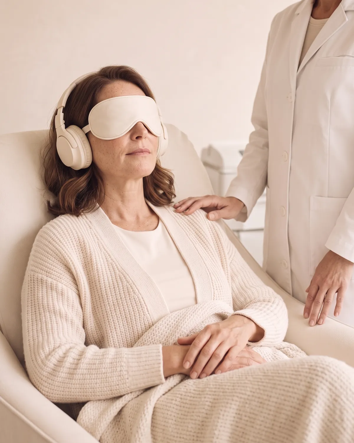 Clinician resting a hand on the shoulder of a patient in an eye mask and headphones during ketamine therapy