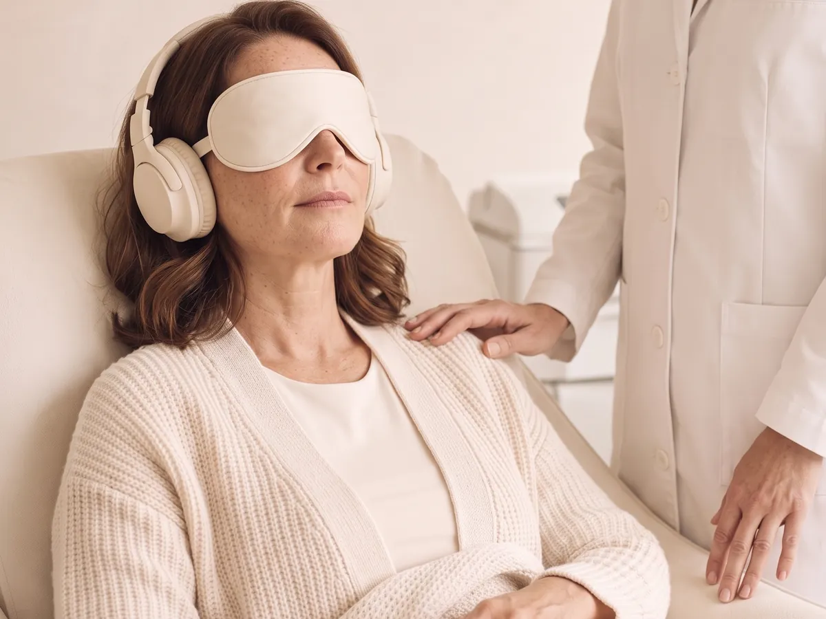 Ketamine therapy patient relaxing in an eye mask and headphones