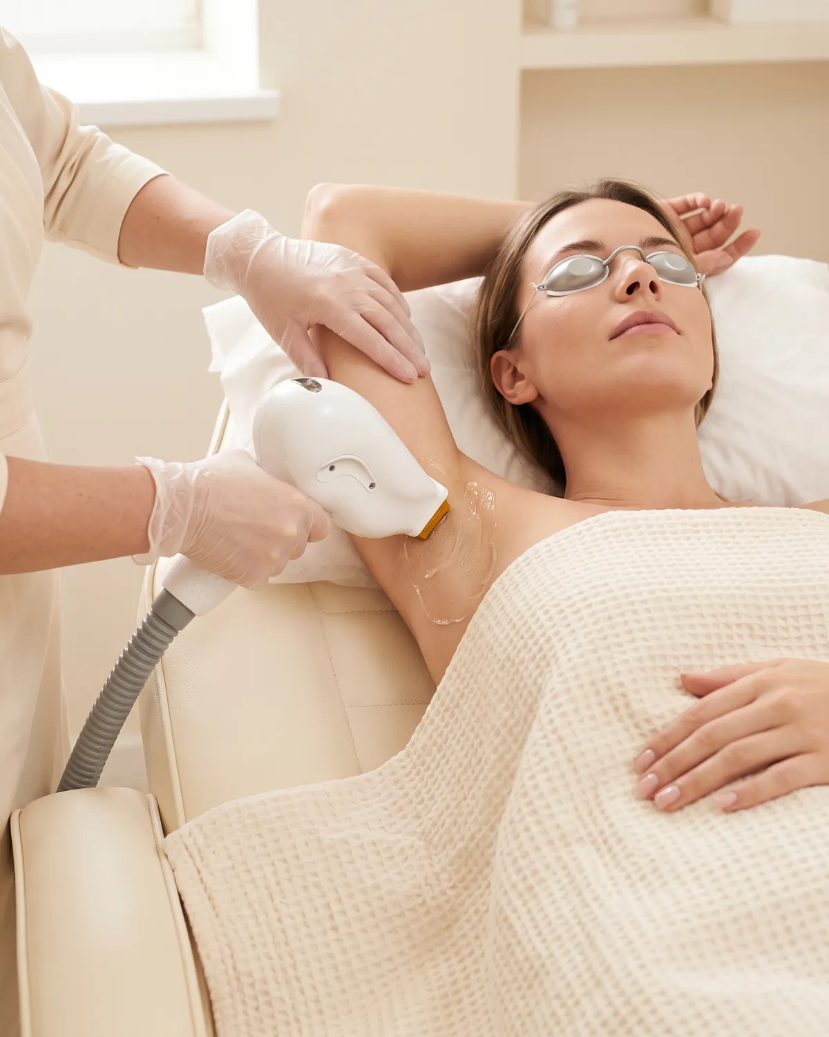 Underarm laser hair removal, with the patient wearing protective glasses