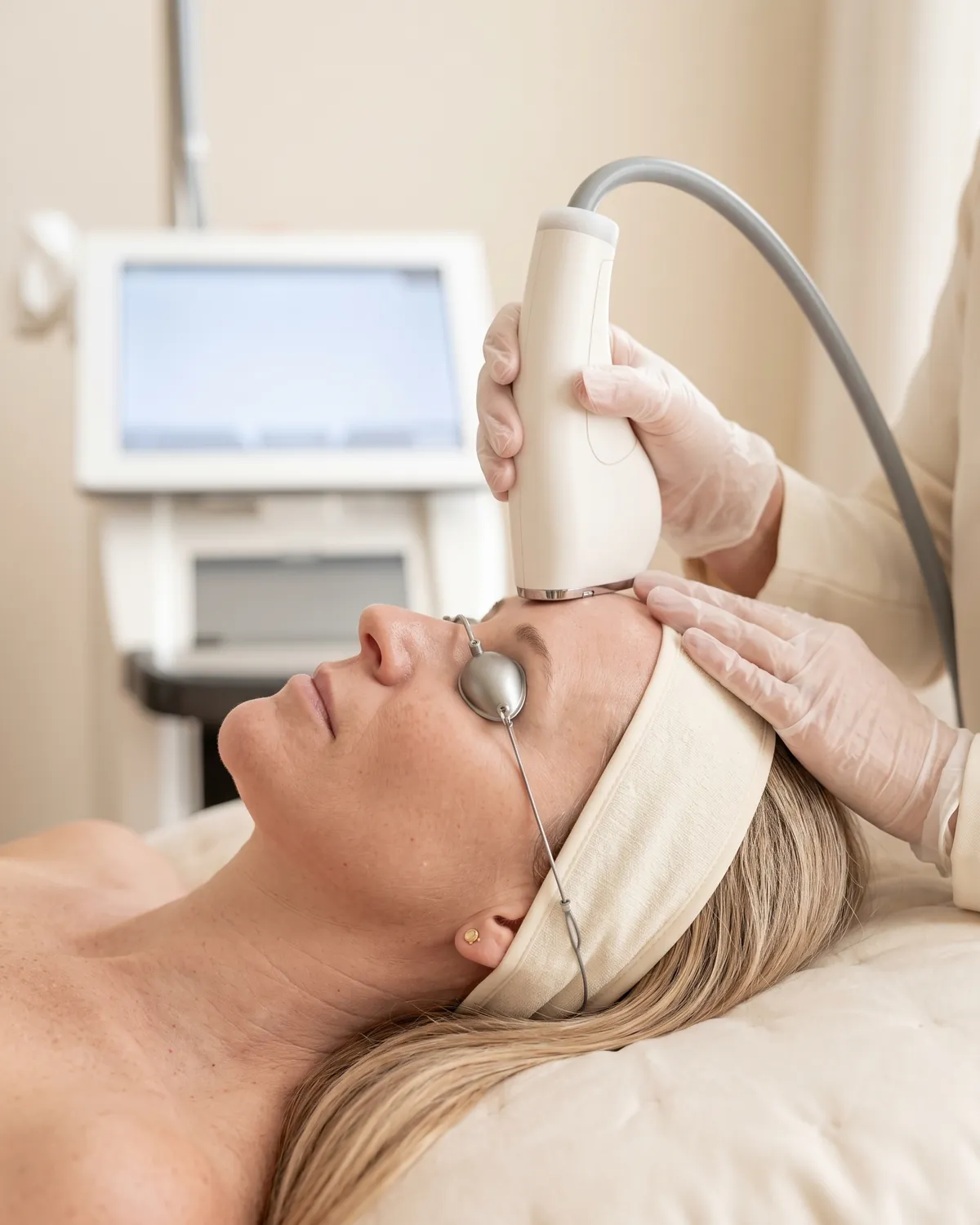 MOXI laser resurfacing on a woman's forehead, laser console behind, in Vero Beach