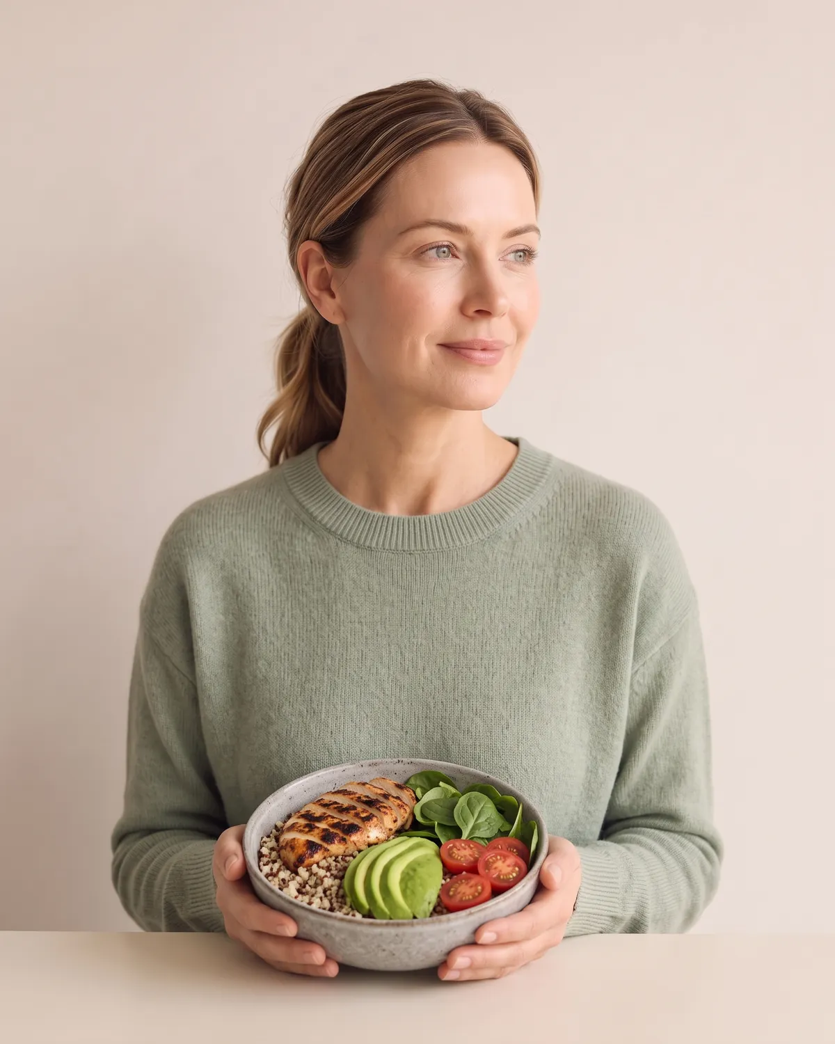 Woman holding a balanced bowl of grains, greens and avocado from her nutrition coaching plan in Vero Beach