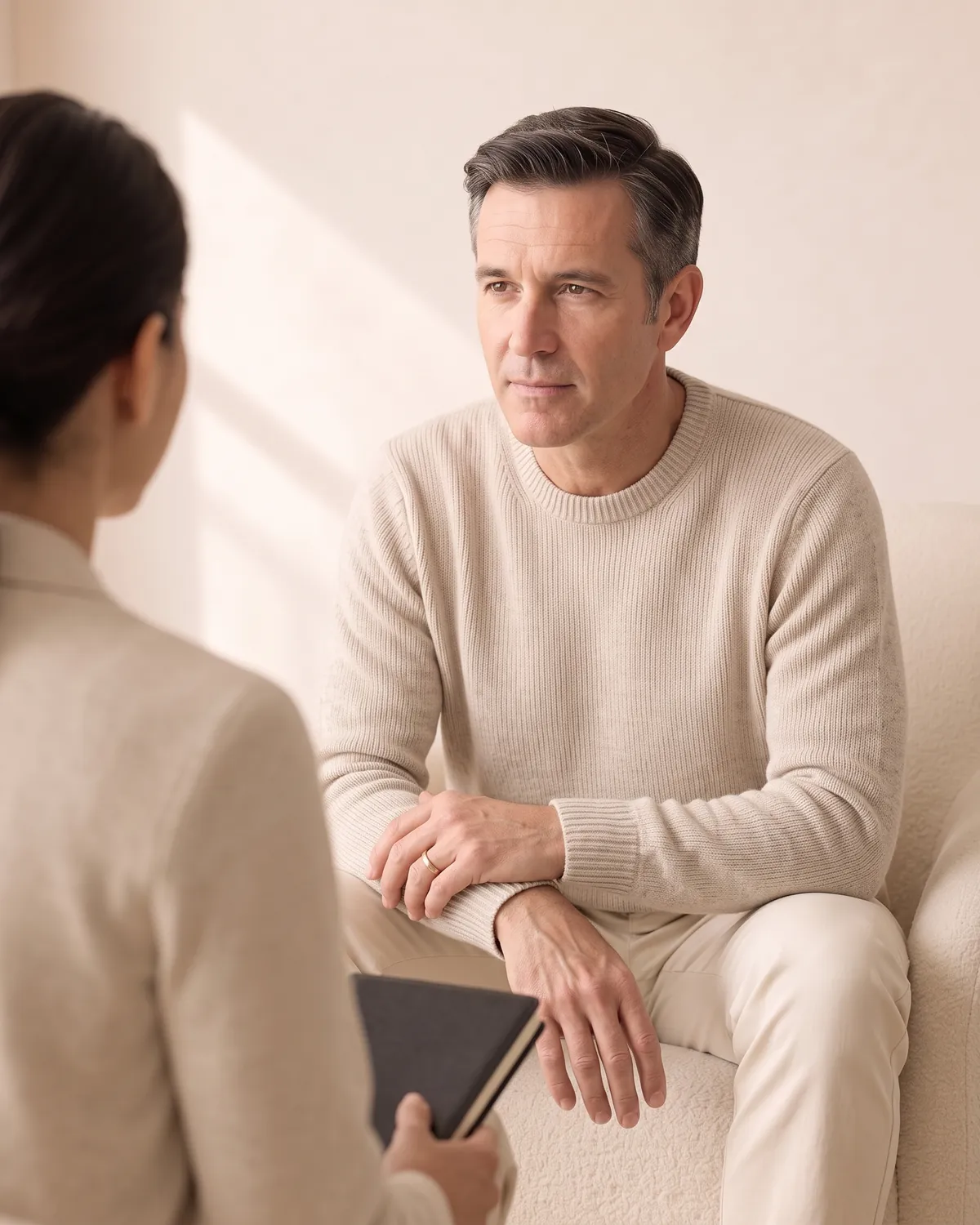 Psychiatric nurse practitioner taking notes while talking with a patient