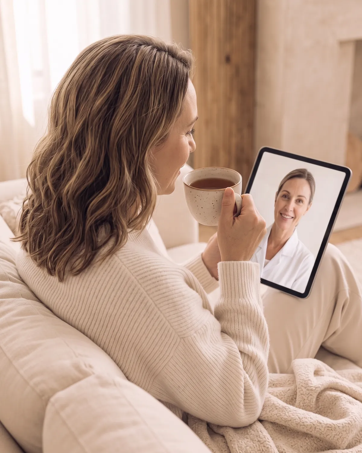 Woman on a telehealth video call with her doctor on a tablet