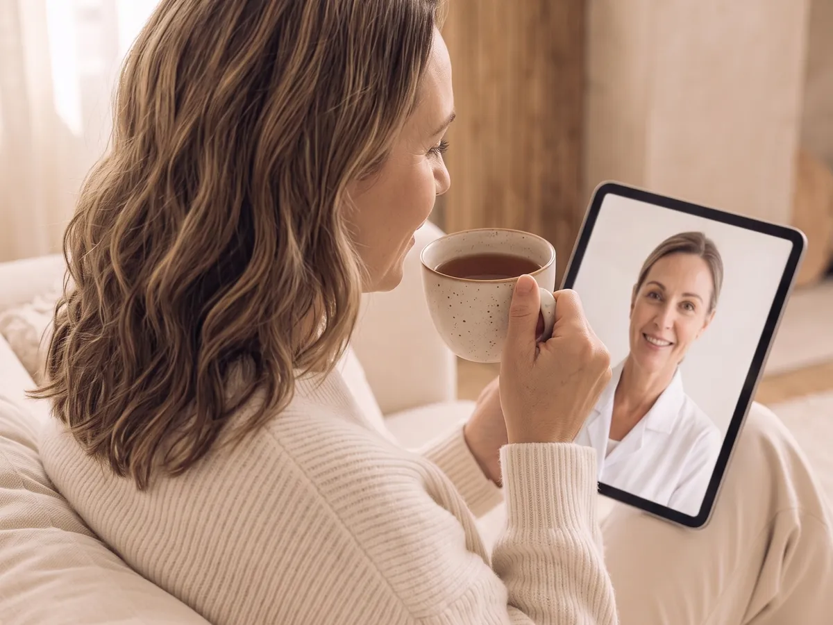 Virtual doctor visit on a tablet from the sofa